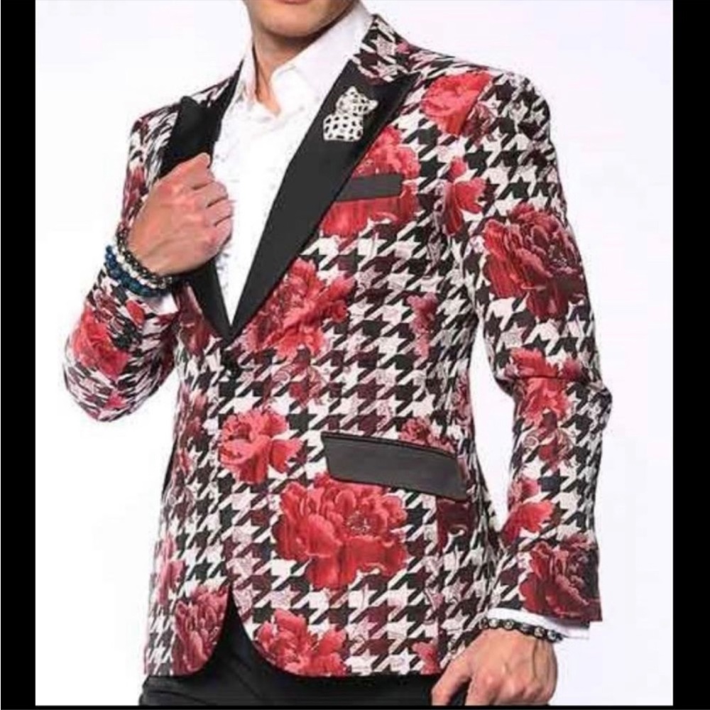Angelino Bold Houndstooth & Rose Jacket Blazer Men or Womens White Black Red 36